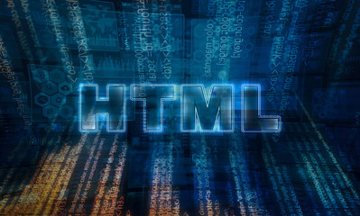 Neon design text of Hypertext Markup Language or HTML in technological and futuristic background with codes