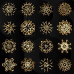 Set of decorative hand-drawn mandala elements, gold floral pattern