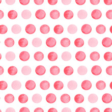 Seamless Pattern Of Peas On An Isolated White Background, Watercolor Illustration, Hand-drawing, Pink Circles