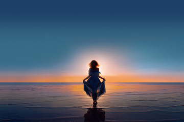 Wall Mural - young woman silhouette walking on water at sunset