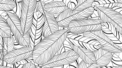 Foliage seamless pattern, leaves line art ink drawing in black and white