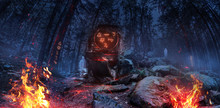 3d Image Wide Panoramic Night Witch Forest With Ghosts.