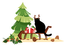 Christmas Illustration. Cat With Deer Antlers On A Sleigh. Vector Image