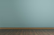 © CREATIVE WONDER - empty room with blue wall and wooden floor, wallpaper background 3D rendering