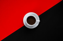 Black Coffee In White Cup On Red And Black Background