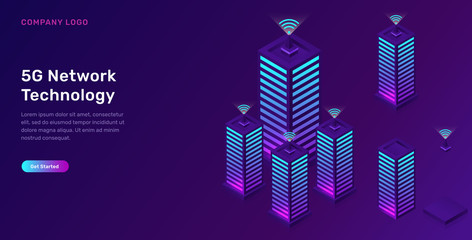 Wall Mural - smart city, wireless network technology, isometric concept vector illustration. tall buildings with 