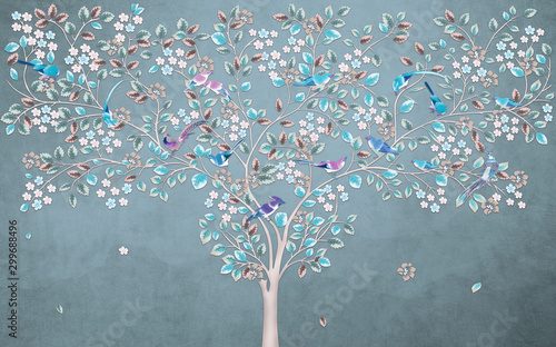 Dreamlike thin flowering tree with blue and green leaves and birds sitting on...