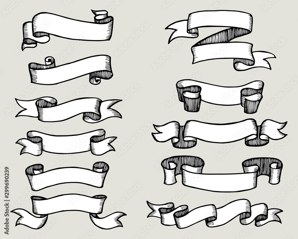 set of hand drawn vector doodle ribbon banner illustrations. Stock ...
