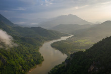 Aerial View Of Mountains And River Nong Khiaw. North Laos. Southeast Asia. Photo Made By Drone From Above. Bird Eye View.