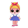Doll girl with blond red hair in a blue denim dress. Toy character for children. Design for children's t-shirts, souvenirs, cards, postcards, wallpapers.