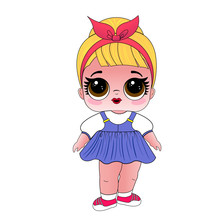 Doll Girl With Blond Red Hair In A Blue Denim Dress. Toy Character For Children. Design For Children's T-shirts, Souvenirs, Cards, Postcards, Wallpapers.