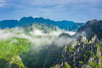 Wall Mural - Aerial view of beautiful landscapes at Vang Vieng , Laos. Southeast Asia. Photo made by drone from above. Bird eye view.