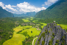 Aerial View Of Beautiful Landscapes At Vang Vieng , Laos. Southeast Asia. Photo Made By Drone From Above. Bird Eye View.
