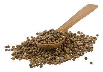 Sticker - Coriander seeds in a wooden spoon Isolated on a white background.