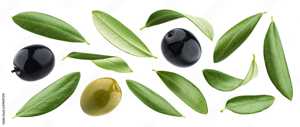 Black and green olives with leaves isolated on white background - obrazy, fototapety, plakaty 