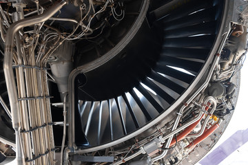 Wall Mural - Gas turbine engine close up during maintenance when airplane park at the airport.Mechanic and technician repair hydraulic and check system of power plant.