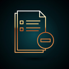 Gold line Document with minus icon isolated on dark blue background. Clear document. Remove file document. Delete information file. Vector Illustration