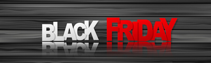 Wall Mural - Black Friday banner. Typography text with reflection on wooden surface. Realistic vector illustration.