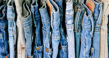 A Rack Of Second Hand Jeans