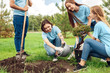 © Viktoriia - Volunteering. Young people volunteers outdoors planting trees putting fertilizer into hole smiling happy