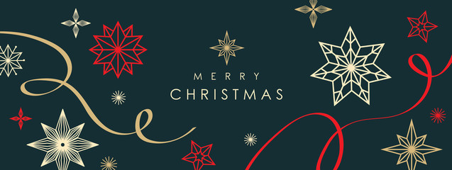 christmas greetings banner with swirl ribbons and stars on black colour background