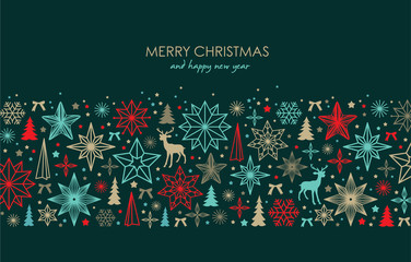 christmas greeting card/ poster/ cover with stars, snowflakes, christmas tree and reindeer