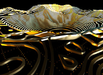 Fototapete - Abstract topographic map 3D background with shiny golden lines in sci-fi technology style. 3D illustration
