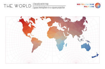  Low poly world map. Guyou hemisphere-in-a-square projection of the world. Red Yellow Blue colored polygons. Elegant vector illustration.