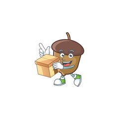 Sticker - acorn mascot with bring box on white background.