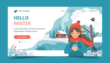 Wall Mural - Cute girl in winter holding a cup, winter landscape and snow. Landing page template. Vector illustration in flat style