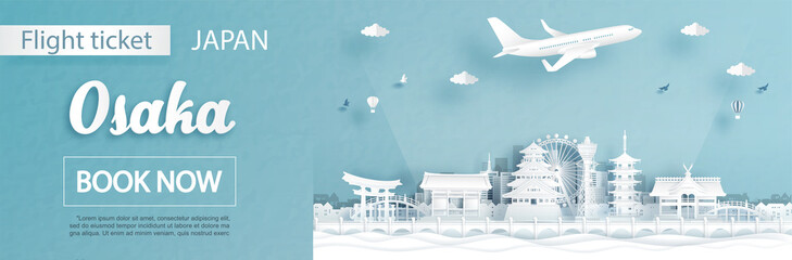 Wall Mural - Flight and ticket advertising template with travel to Osaka, Japan concept and famous landmarks in paper cut style vector illustration