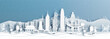 Panorama view of Hong Kong skyline with world famous landmarks of China in paper cut style vector illustration.