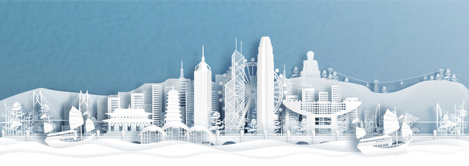 Fototapete - Panorama view of Hong Kong skyline with world famous landmarks of China in paper cut style vector illustration.
