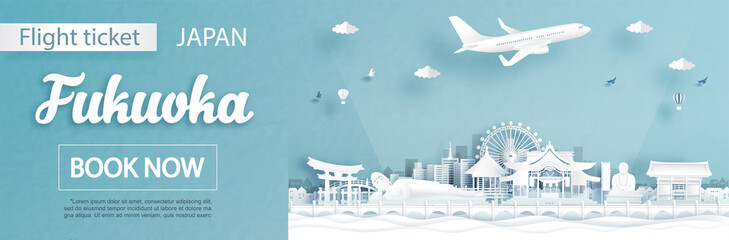Wall Mural - Flight and ticket advertising template with travel to Fukuoka, Japan concept and famous landmarks in paper cut style vector illustration