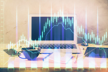 Multi exposure of graph and financial info and work space with computer background. Concept of international online trading.