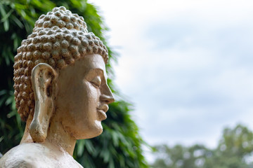 Wall Mural - Side view close up of Buddha face with beautiful sky in the background. Buddhism and religion concept