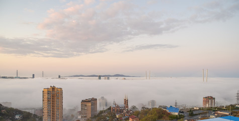 Fototapete - Vladivostok cityscape morning view. Fog over the city.
