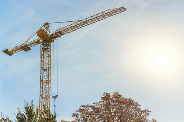 Wall Mural - Building crane on construction site with blue sky background