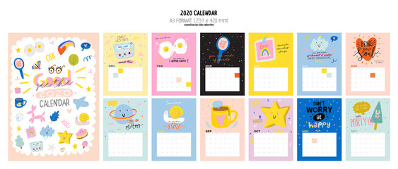 Wall Mural - Happy Birthday wall calendar. 2020 Yearly Planner have all Months.