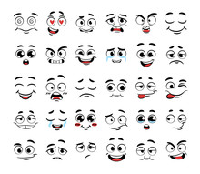 Set Of Funny Cartoon Faces. Caricature Comic Emotions. Doodle Style. Isolated Vector Illustration