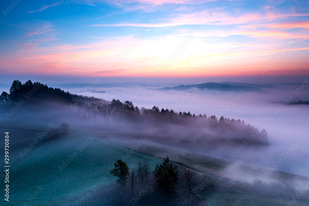 Polish Countryside at Early Autumn Foggy Morning - obrazy, fototapety, plakaty 