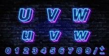 3D Neon Letters U-W. Neon Blue Font English. City Blue Font. Neon City Color Blue Font. English Alphabet And Numbers Sign. Vector Illustration