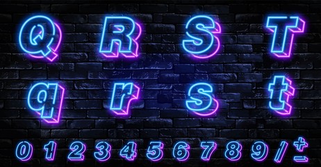 Wall Mural - 3D Neon letters Q-T. Neon blue font english. City blue font. Neon city color blue font. English alphabet and numbers sign. Vector illustration