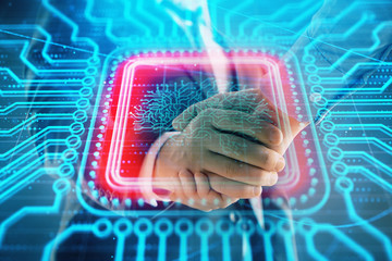 Multi exposure of human brain drawing on abstract background with two men handshake. Concept of data technology in business