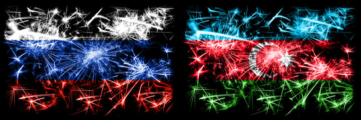 Russia, Russian vs Azerbaijan, Azerbaijani New Year celebration sparkling fireworks flags concept background. Combination of two states flags