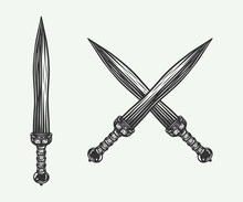 Vintage Retro Cross Short Swords. Roman Sword. Gladius. Graphic Art. Illustration. Vector.