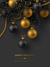 Christmas Holiday Design. Realistic Glitter Balls, Fir-tree Branches And Golden Beads With Tinsel. New Year Black Background. With Greeting Text Vector Illustration.