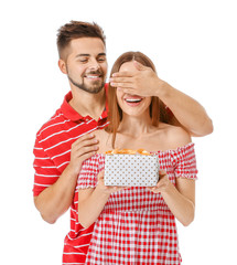 Sticker - Happy man greeting his girlfriend on white background