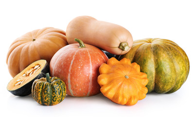 Pumpkin, butternut squash, green pumpkin, decorative pumpkin, pattypan squash isolated on white background.