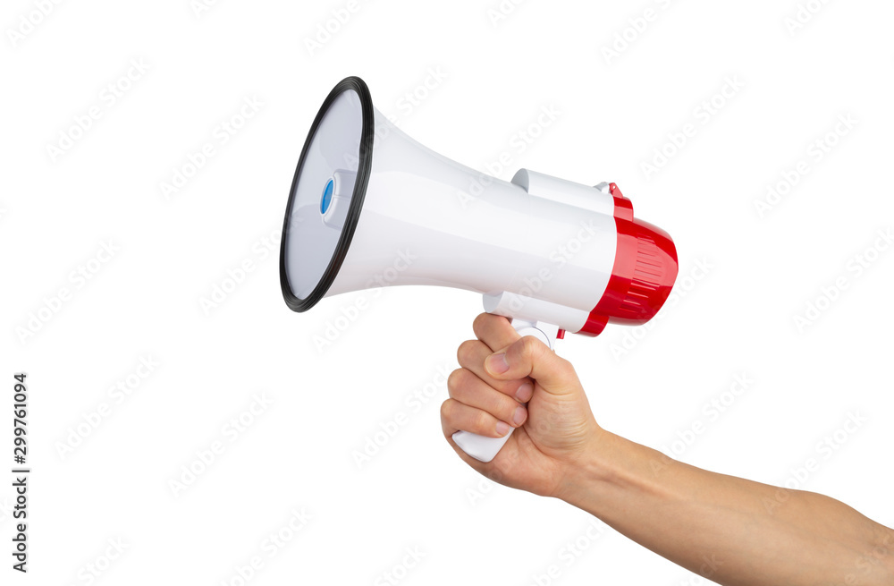 Announcement concept. Shout It Out. Hand holds megaphone on white background. - obrazy, fototapety, plakaty 